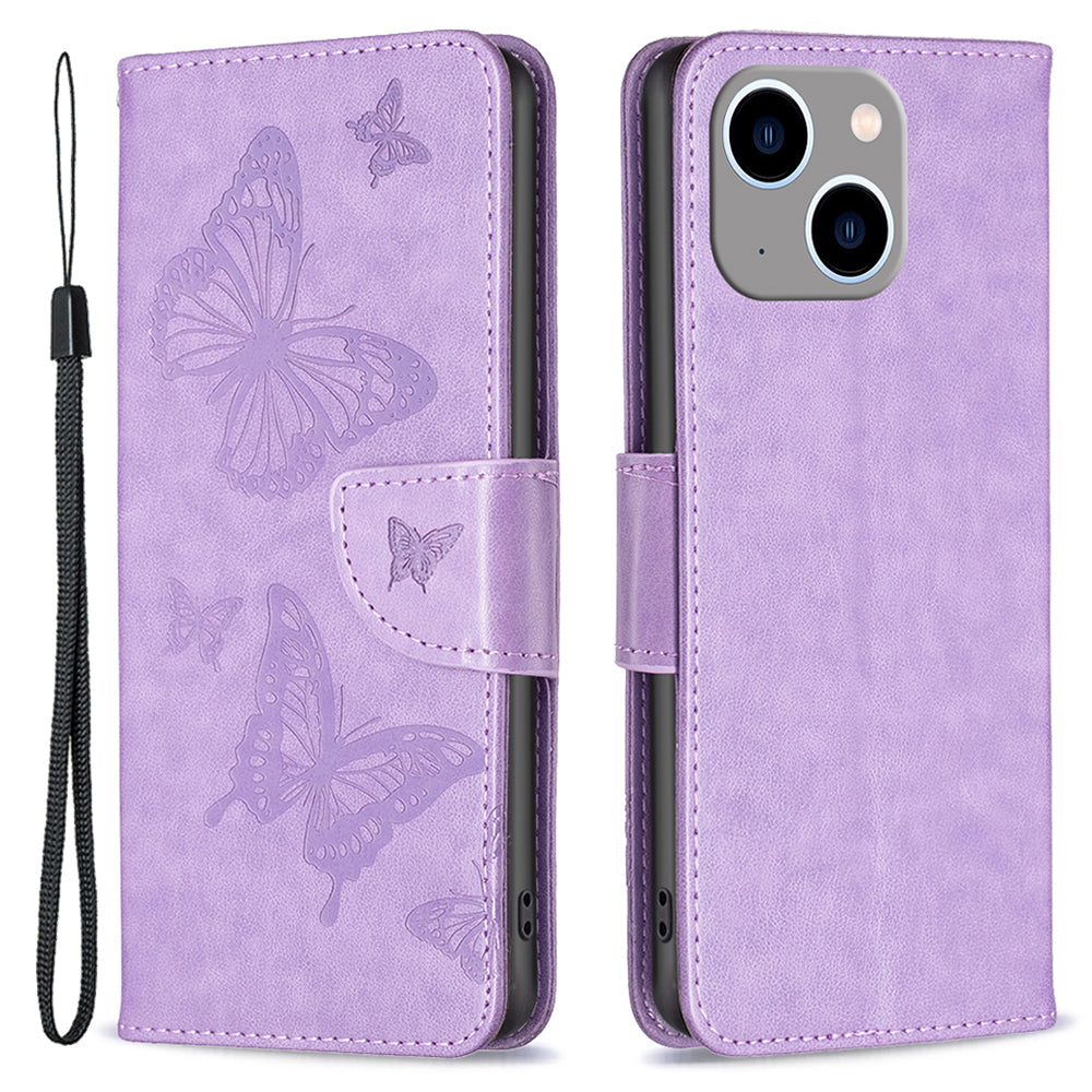 for iPhone 15 Plus Anti-Dust Stand Wallet Phone Flip Case Butterfly Imprinted Leather Cover with Strap - Purple for iPhone 15 Plus Anti-Dust Stand Wallet Phone Flip Case Butterfly Imprinted Leather Cover with Strap - Purple